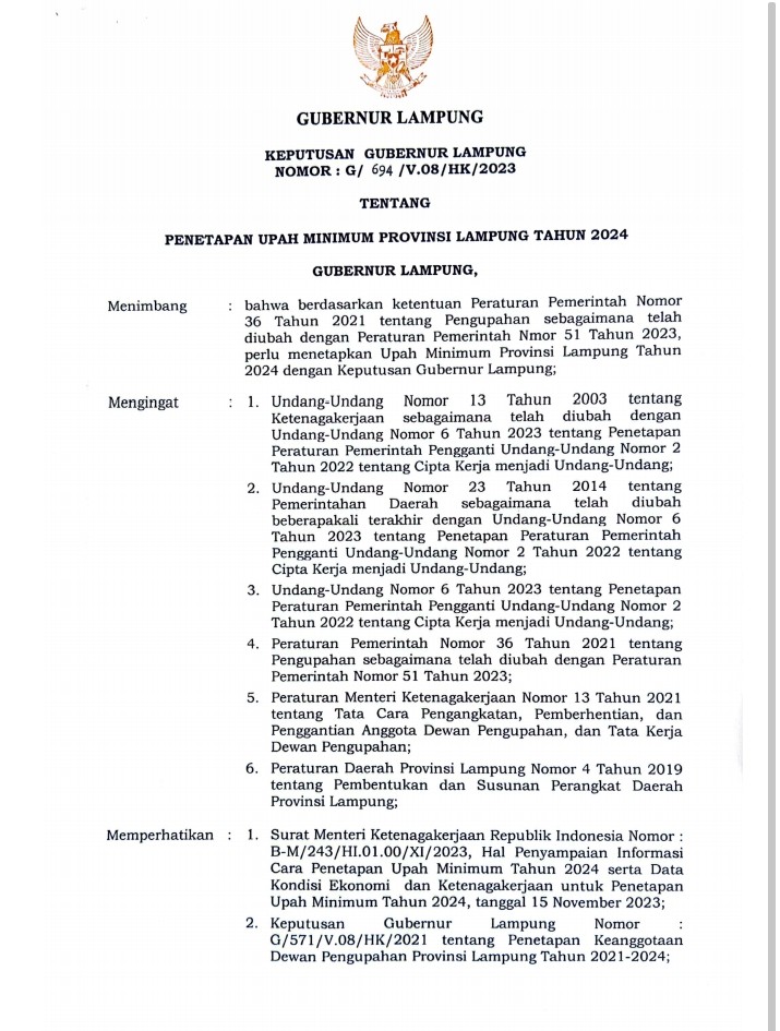 Pemerintah Provinsi Lampung Tetapkan Upah Minimum Tahun 2024, Alami Kenaikan 3,16 persen