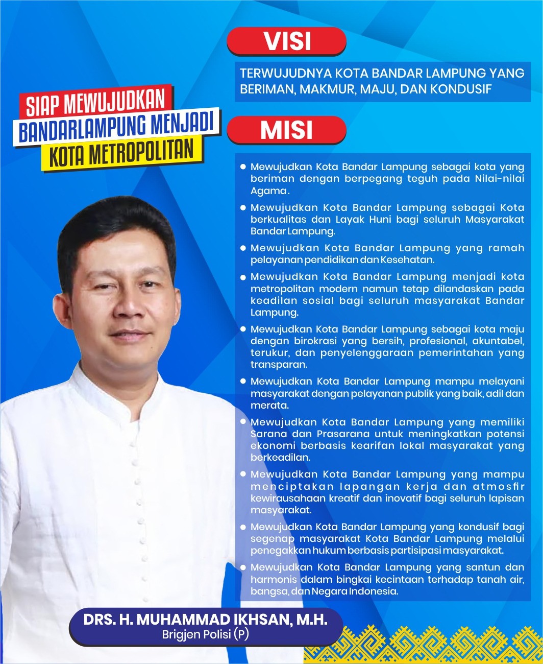 Visi Misi Brigjen Pol. DRS. H. Muhammad Ikhsan, M.H.: Membangun Bandarlampung Menuju Metropolitan